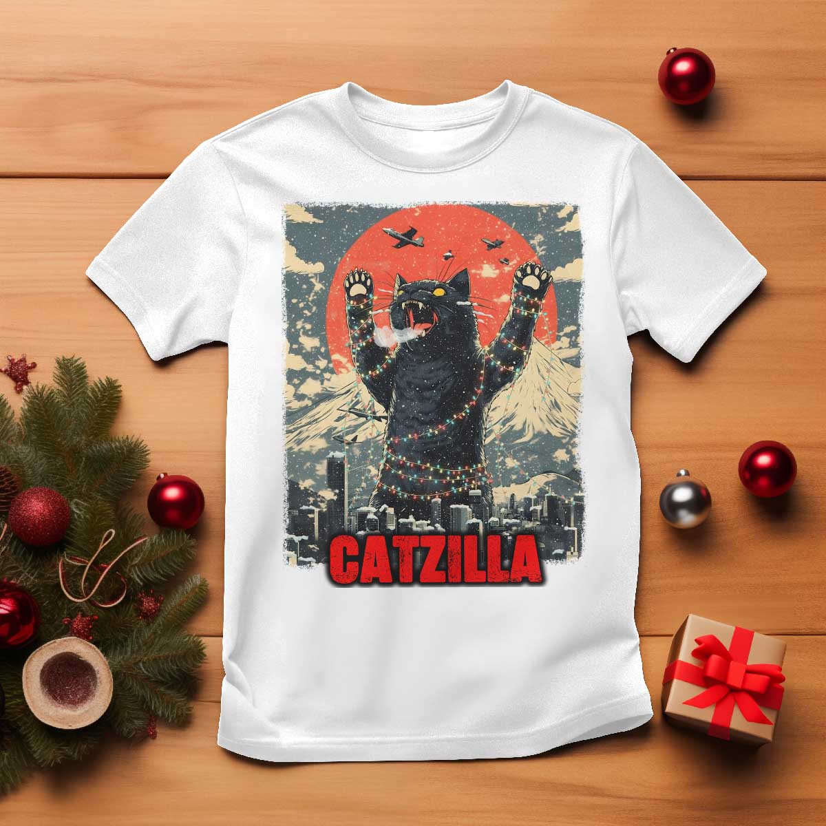 Catzilla Christmas T Shirt Japanese Cat Lover Kitty TS14 White Print Your Wear