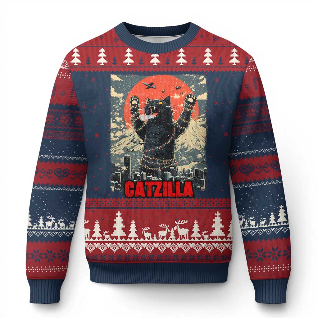 Catzilla Xmas Ugly Christmas Sweater Japanese Cat Lover Kitty TS14 Navy Red Print Your Wear