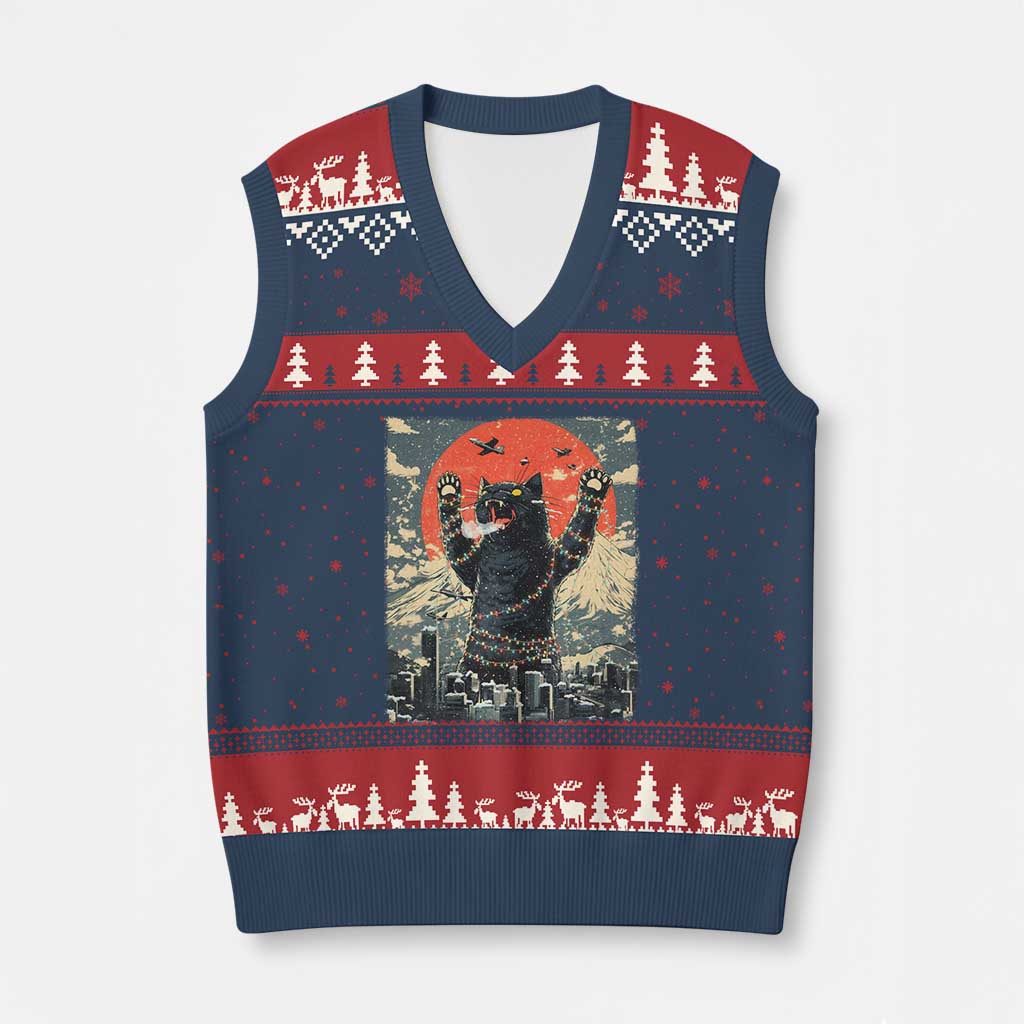 Japanese Cat Christmas V-Neck Knit Sweater Vest Funny Kitten Kitty Cat Lover TS14 Navy Red Print Your Wear