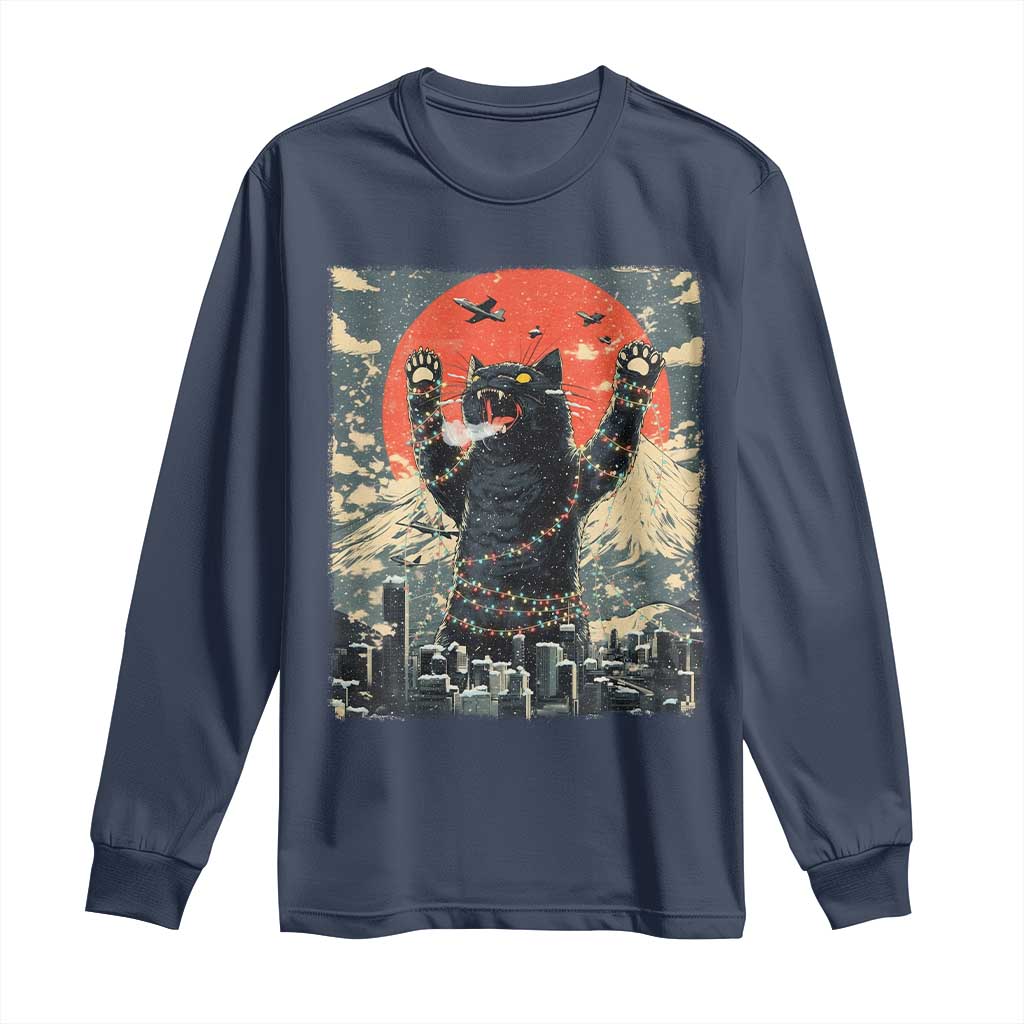 Japanese Cat Christmas Long Sleeve Shirt Funny Kitten Kitty Cat Lover TS14 Navy Print Your Wear