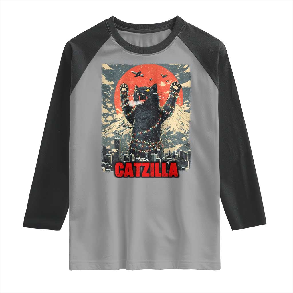 Catzilla Christmas Raglan Shirt Japanese Cat Lover Kitty TS14 Sport Gray Black Print Your Wear
