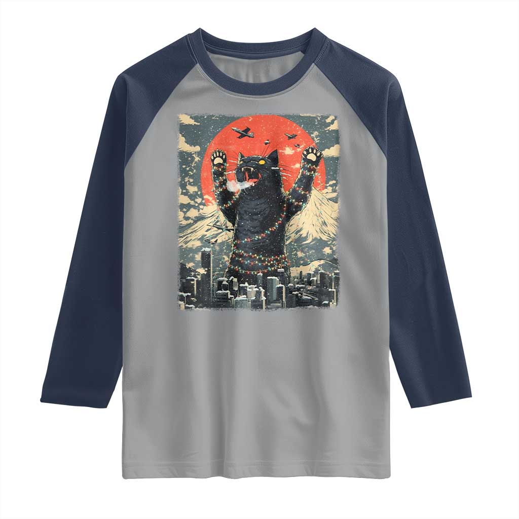 Japanese Cat Christmas Raglan Shirt Funny Kitten Kitty Cat Lover TS14 Sport Gray Navy Print Your Wear