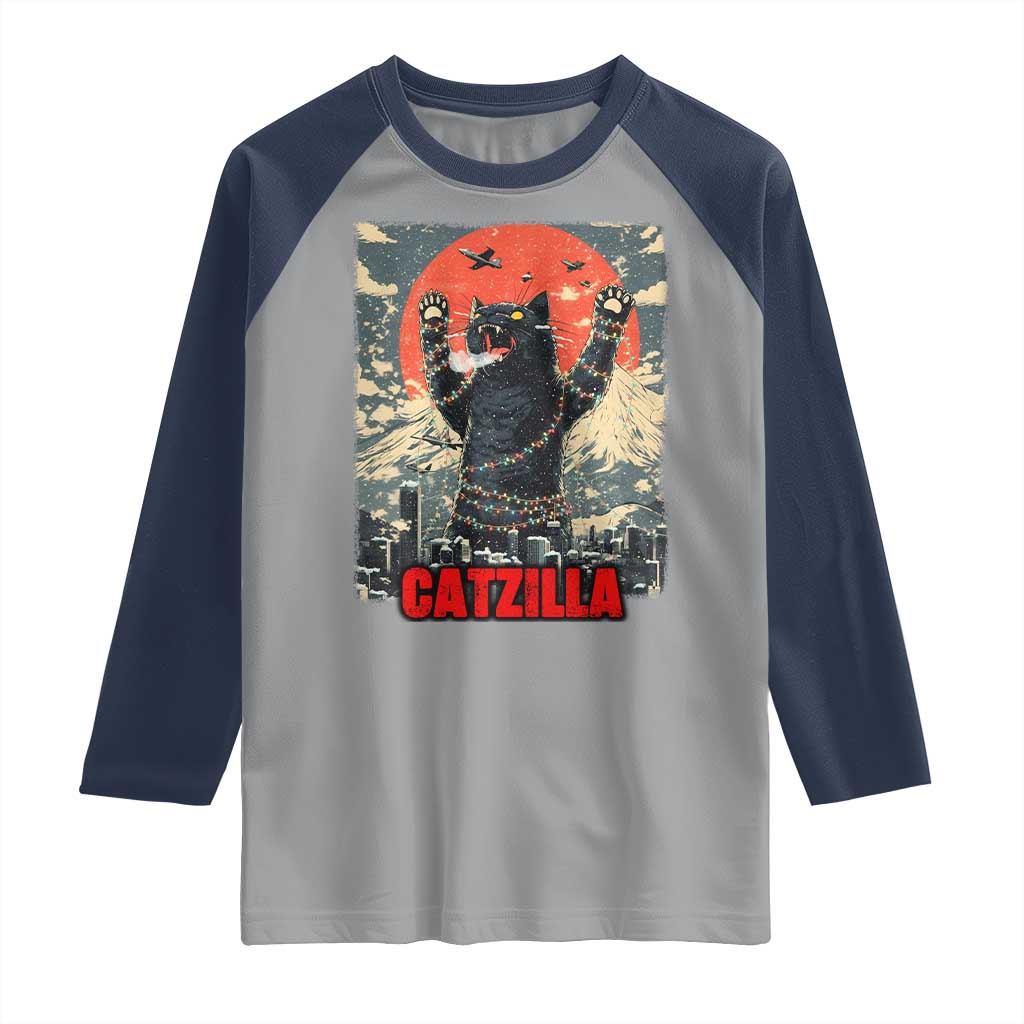 Catzilla Christmas Raglan Shirt Japanese Cat Lover Kitty TS14 Sport Gray Navy Print Your Wear