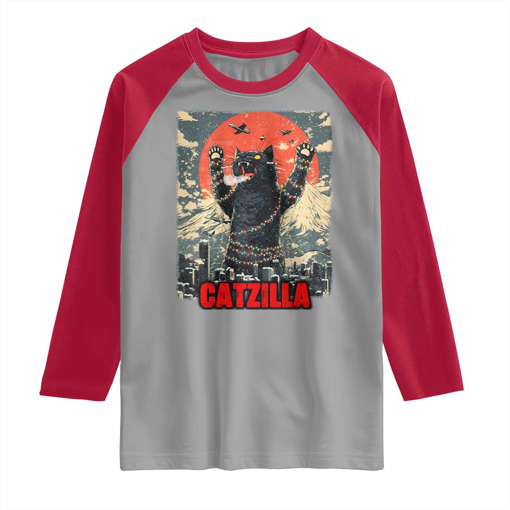 Catzilla Christmas Raglan Shirt Japanese Cat Lover Kitty TS14 Sport Gray Red Print Your Wear