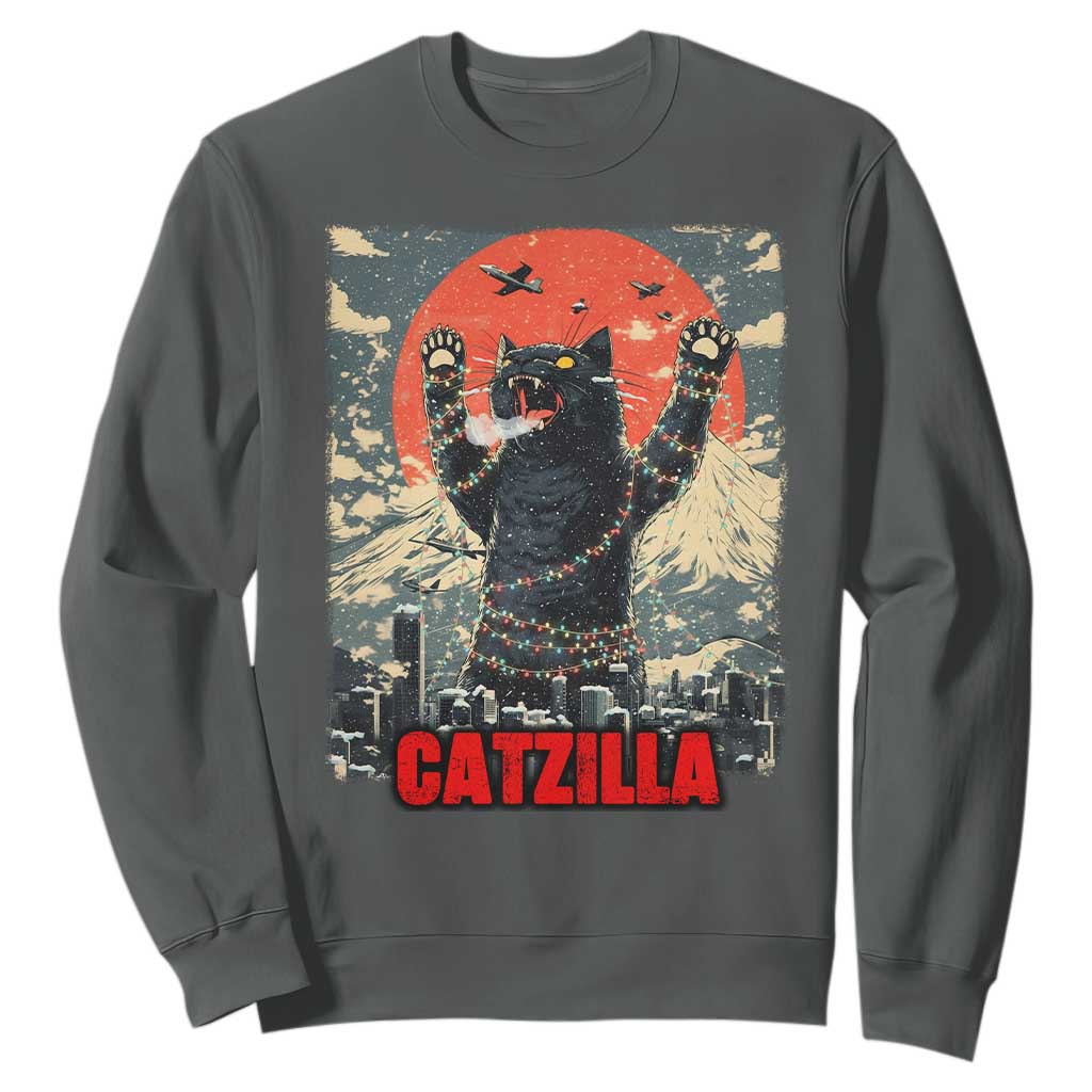 Catzilla Christmas Sweatshirt Japanese Cat Lover Kitty TS14 Dark Heather Print Your Wear