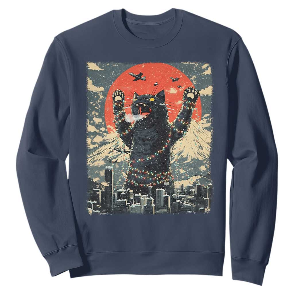 Japanese Cat Christmas Sweatshirt Funny Kitten Kitty Cat Lover TS14 Navy Print Your Wear
