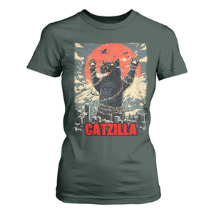 Catzilla Christmas T Shirt For Women Japanese Cat Lover Kitty TS14 Dark Forest Green Print Your Wear