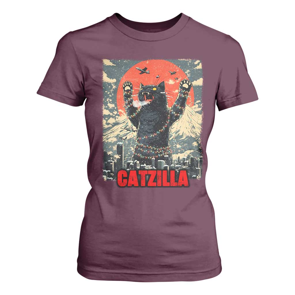 Catzilla Christmas T Shirt For Women Japanese Cat Lover Kitty TS14 Maroon Print Your Wear