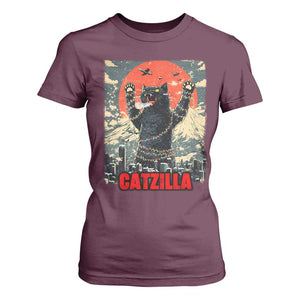 Catzilla Christmas T Shirt For Women Japanese Cat Lover Kitty TS14 Maroon Print Your Wear