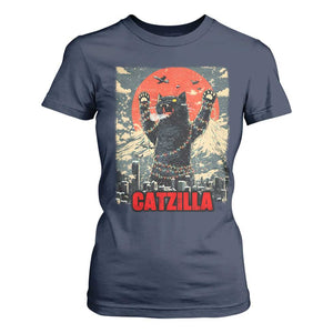 Catzilla Christmas T Shirt For Women Japanese Cat Lover Kitty TS14 Navy Print Your Wear