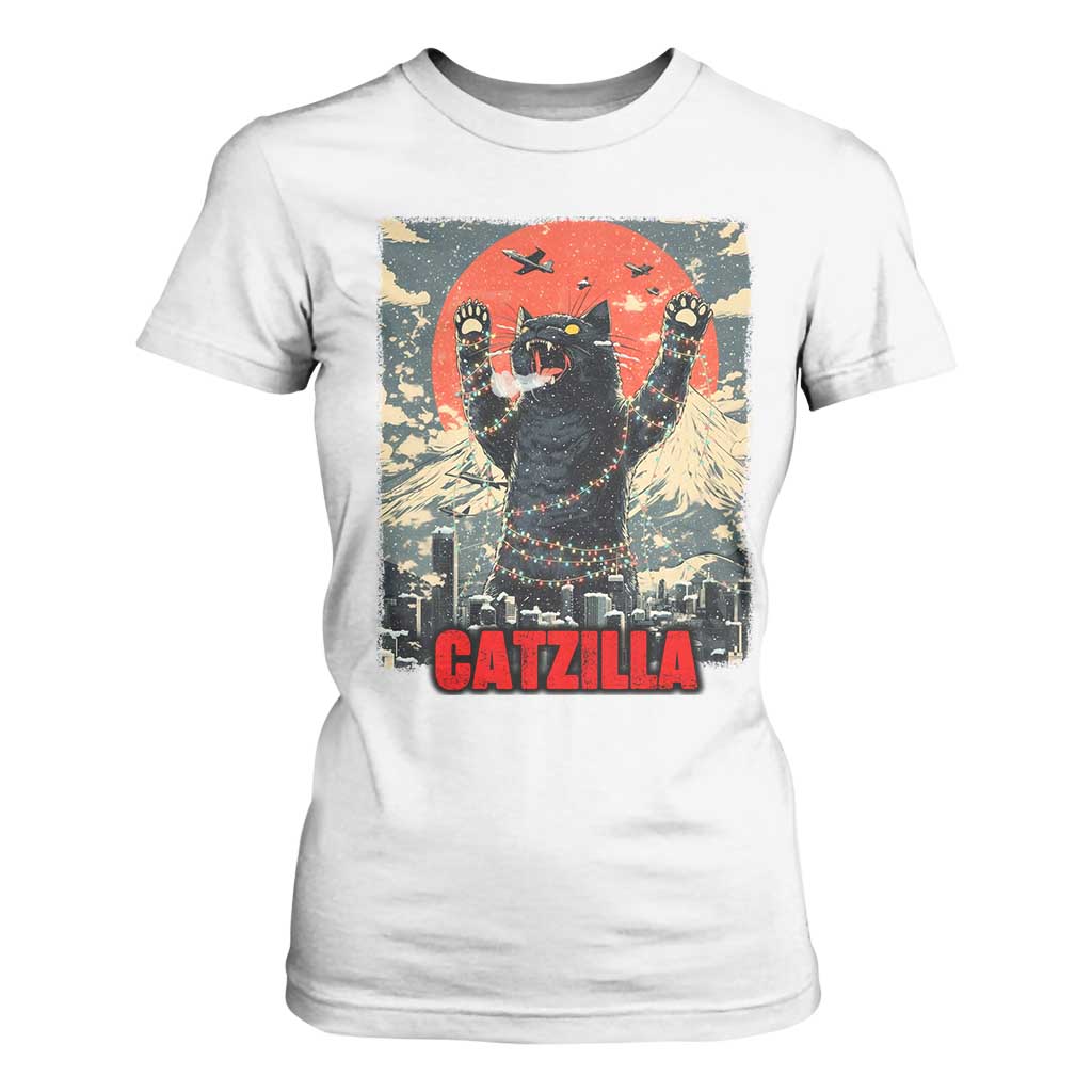 Catzilla Christmas T Shirt For Women Japanese Cat Lover Kitty TS14 White Print Your Wear