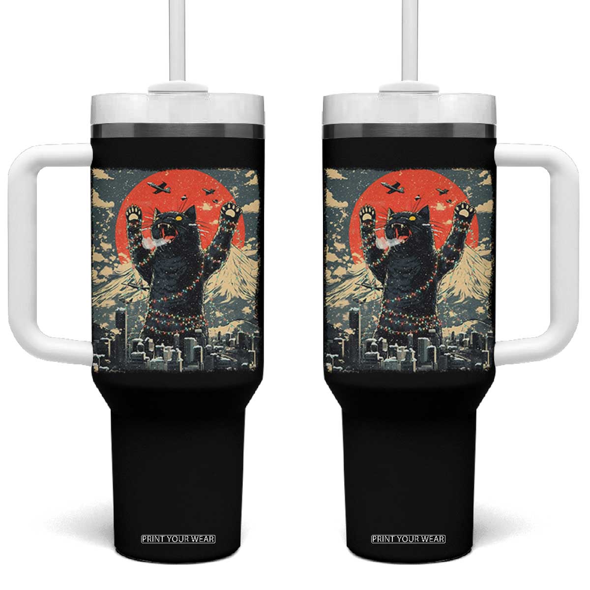 Japanese Cat Christmas Tumbler With Handle Funny Kitten Kitty Cat Lover TS14 One Size: 40 oz Black Print Your Wear