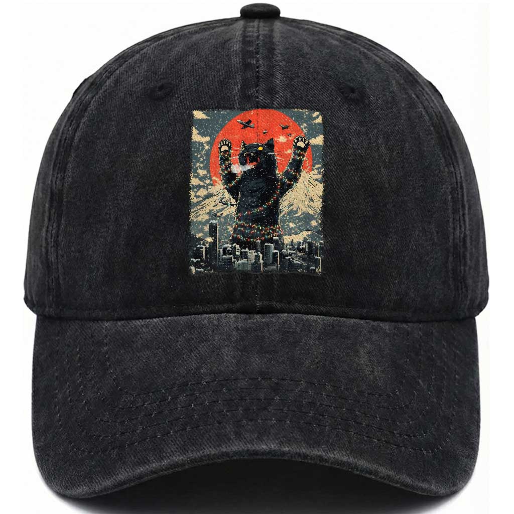 Japanese Cat Christmas Washed Cotton Baseball Cap Funny Kitten Kitty Cat Lover TS14 Washed Cap Universal Fit Black Print Your Wear