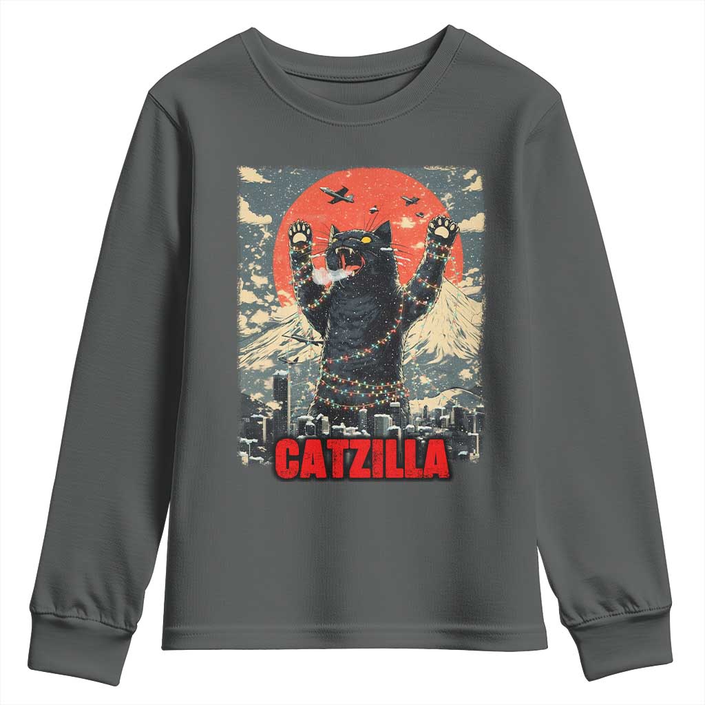 Catzilla Christmas Youth Sweatshirt Japanese Cat Lover Kitty TS14 Dark Heather Print Your Wear