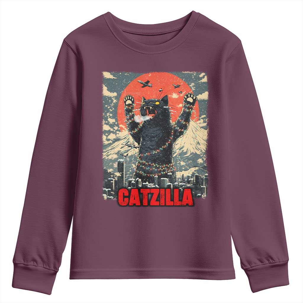 Catzilla Christmas Youth Sweatshirt Japanese Cat Lover Kitty TS14 Maroon Print Your Wear