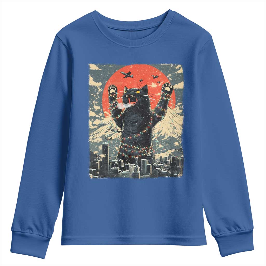 Japanese Cat Christmas Youth Sweatshirt Funny Kitten Kitty Cat Lover TS14 Royal Blue Print Your Wear