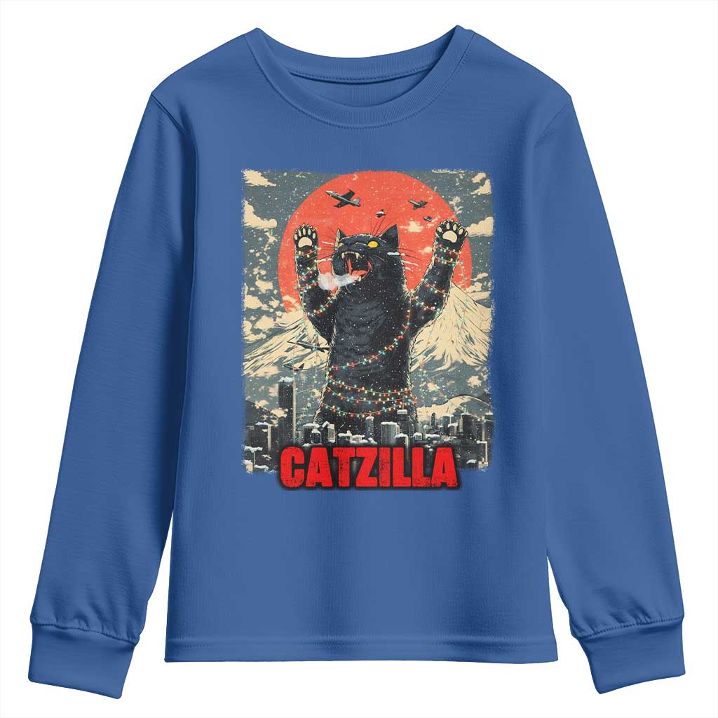 Catzilla Christmas Youth Sweatshirt Japanese Cat Lover Kitty TS14 Royal Blue Print Your Wear