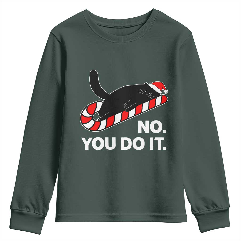Funny Lazy Cat Christmas Youth Sweatshirt No You Do It TS14 Dark Forest Green Print Your Wear