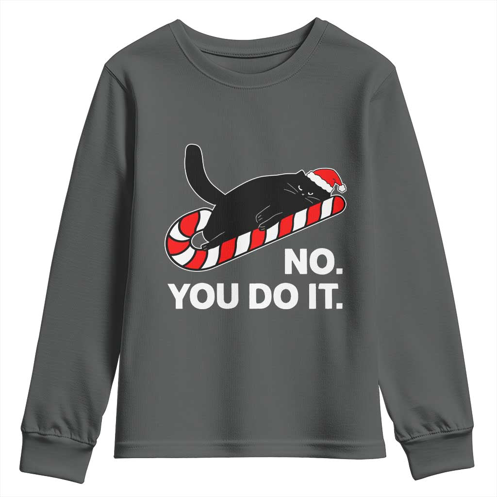 Funny Lazy Cat Christmas Youth Sweatshirt No You Do It TS14 Dark Heather Print Your Wear