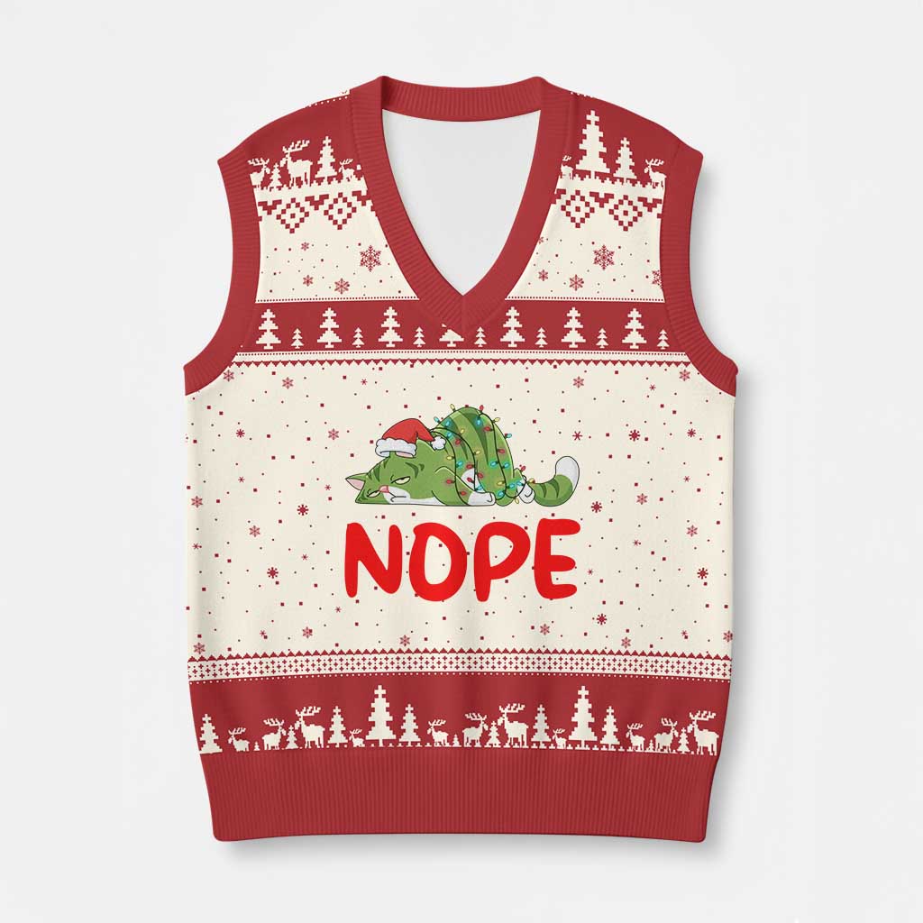 Funny Lazy Cat Xmas V-Neck Knit Sweater Vest Nope Not Today TS14 Beige Red Print Your Wear