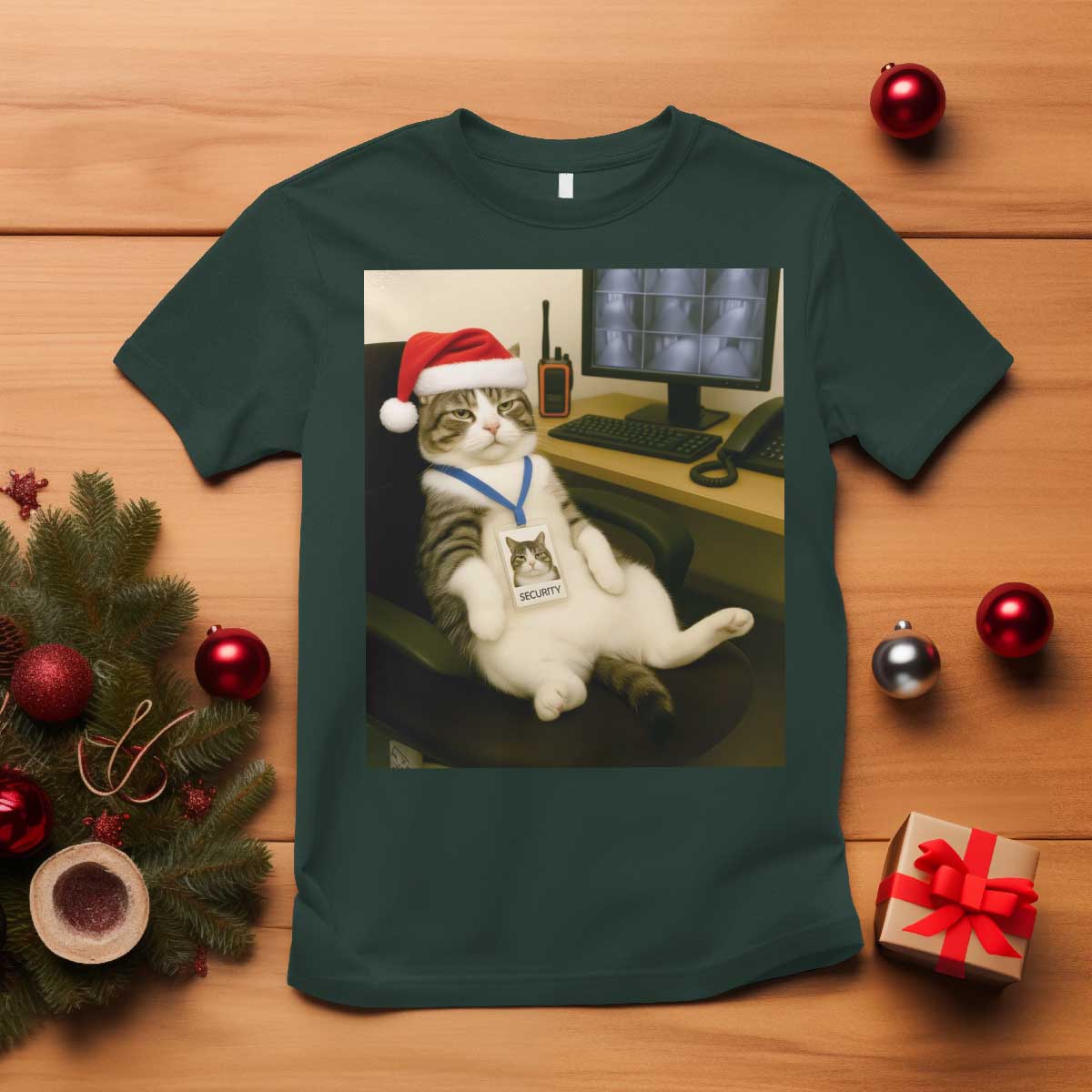 Funny Cat Christmas T Shirt Night Time Security Guard TS14 Dark Forest Green Print Your Wear