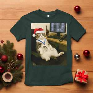 Funny Cat Christmas T Shirt Night Time Security Guard TS14 Dark Forest Green Print Your Wear