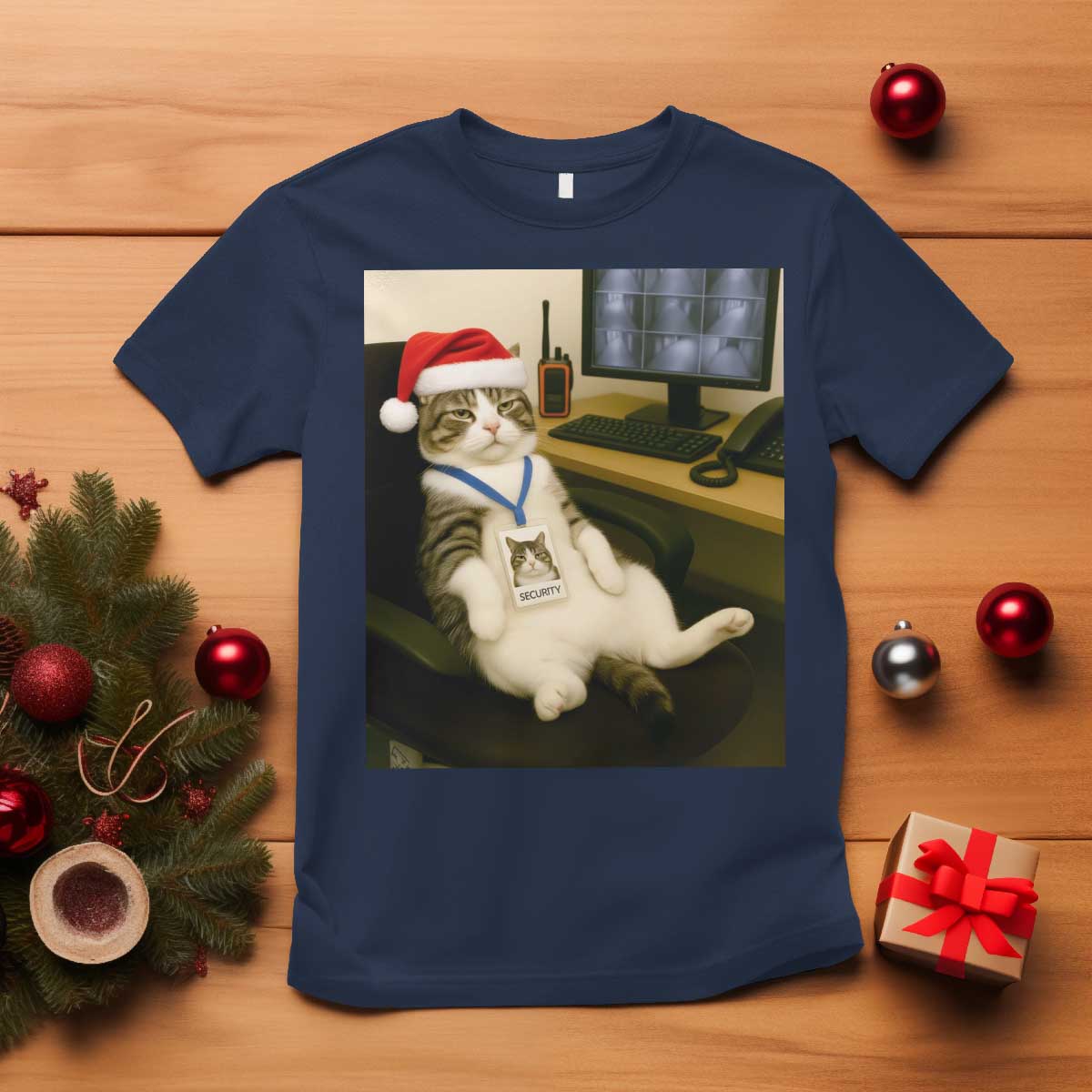Funny Cat Christmas T Shirt Night Time Security Guard TS14 Navy Print Your Wear