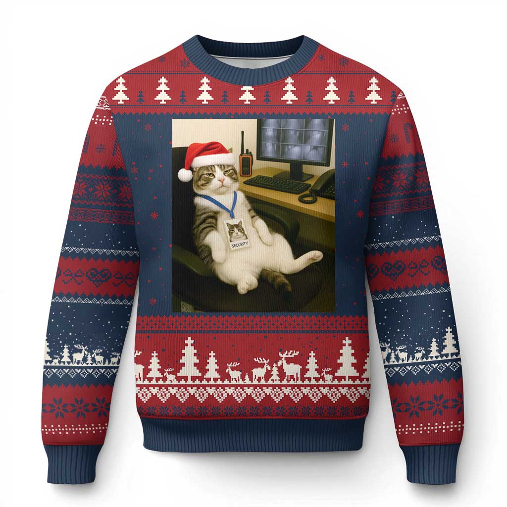 Funny Cat Xmas Ugly Christmas Sweater Night Time Security Guard TS14 Navy Red Print Your Wear