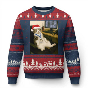 Funny Cat Xmas Ugly Christmas Sweater Night Time Security Guard TS14 Navy Red Print Your Wear