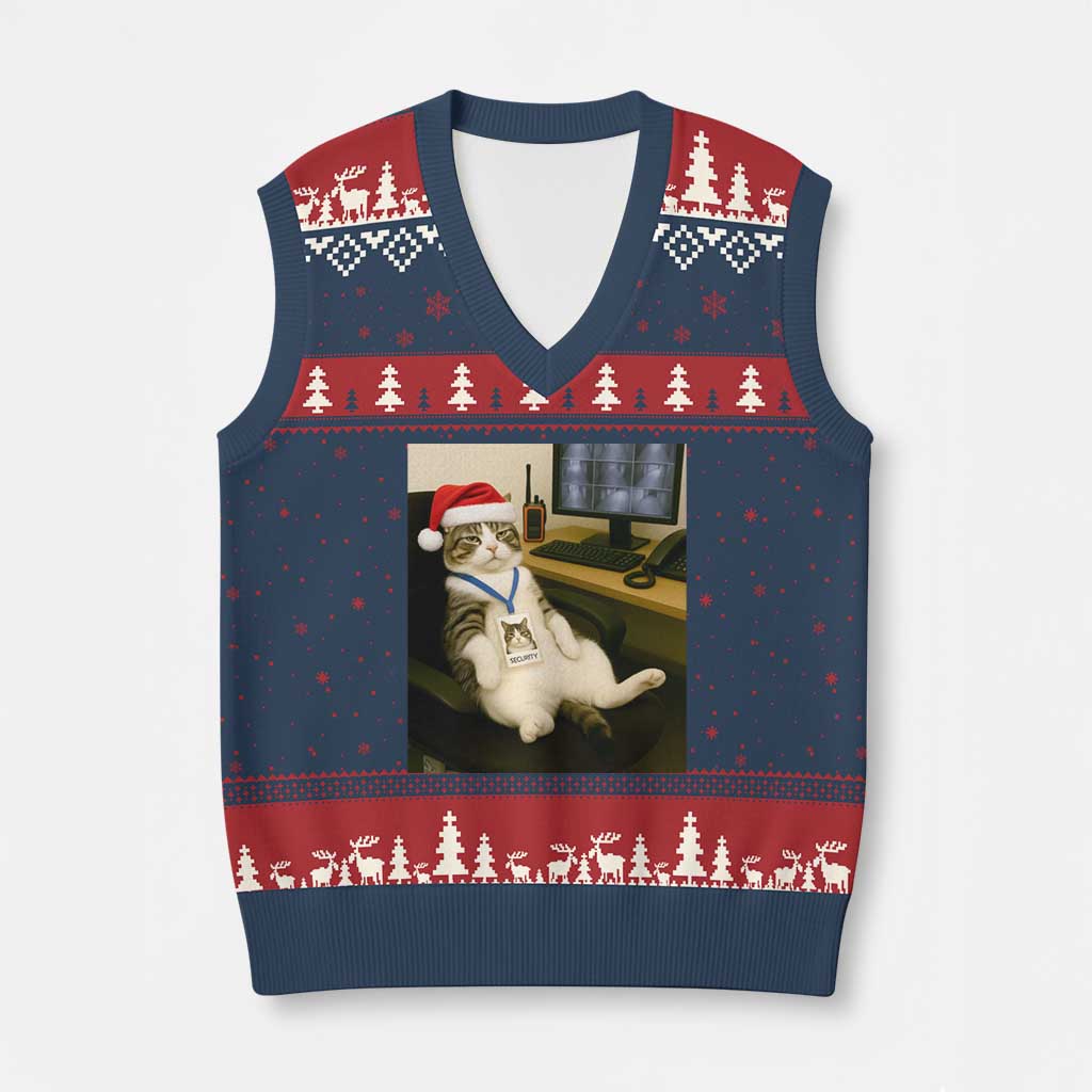 Funny Cat Xmas V-Neck Knit Sweater Vest Night Time Security Guard TS14 Navy Red Print Your Wear