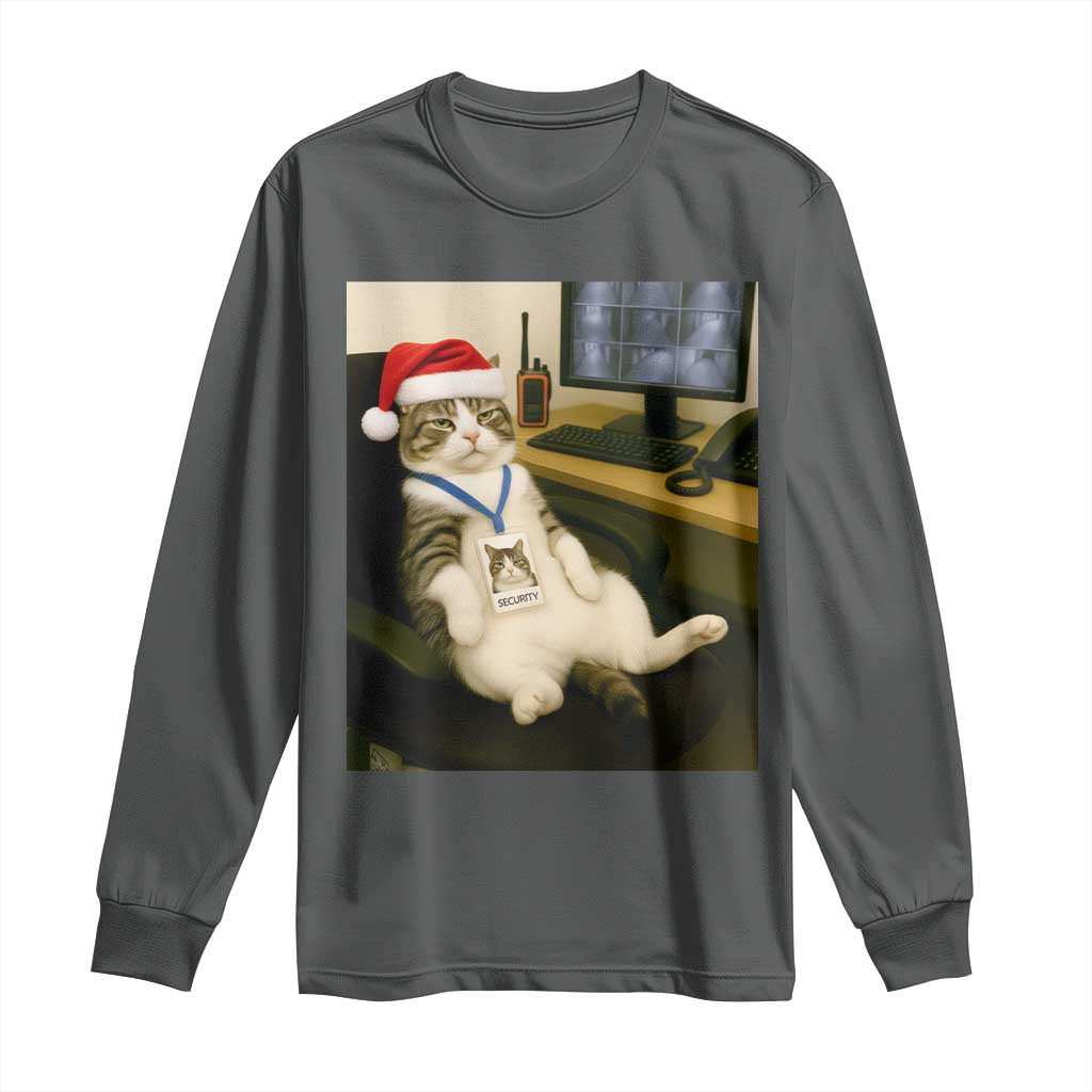 Funny Cat Christmas Long Sleeve Shirt Night Time Security Guard TS14 Dark Heather Print Your Wear