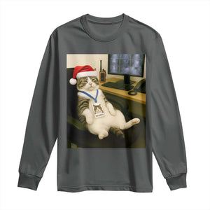 Funny Cat Christmas Long Sleeve Shirt Night Time Security Guard TS14 Dark Heather Print Your Wear