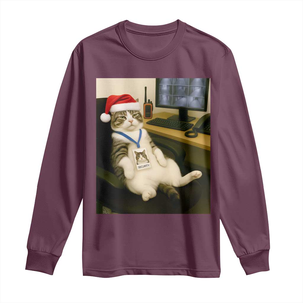 Funny Cat Christmas Long Sleeve Shirt Night Time Security Guard TS14 Maroon Print Your Wear