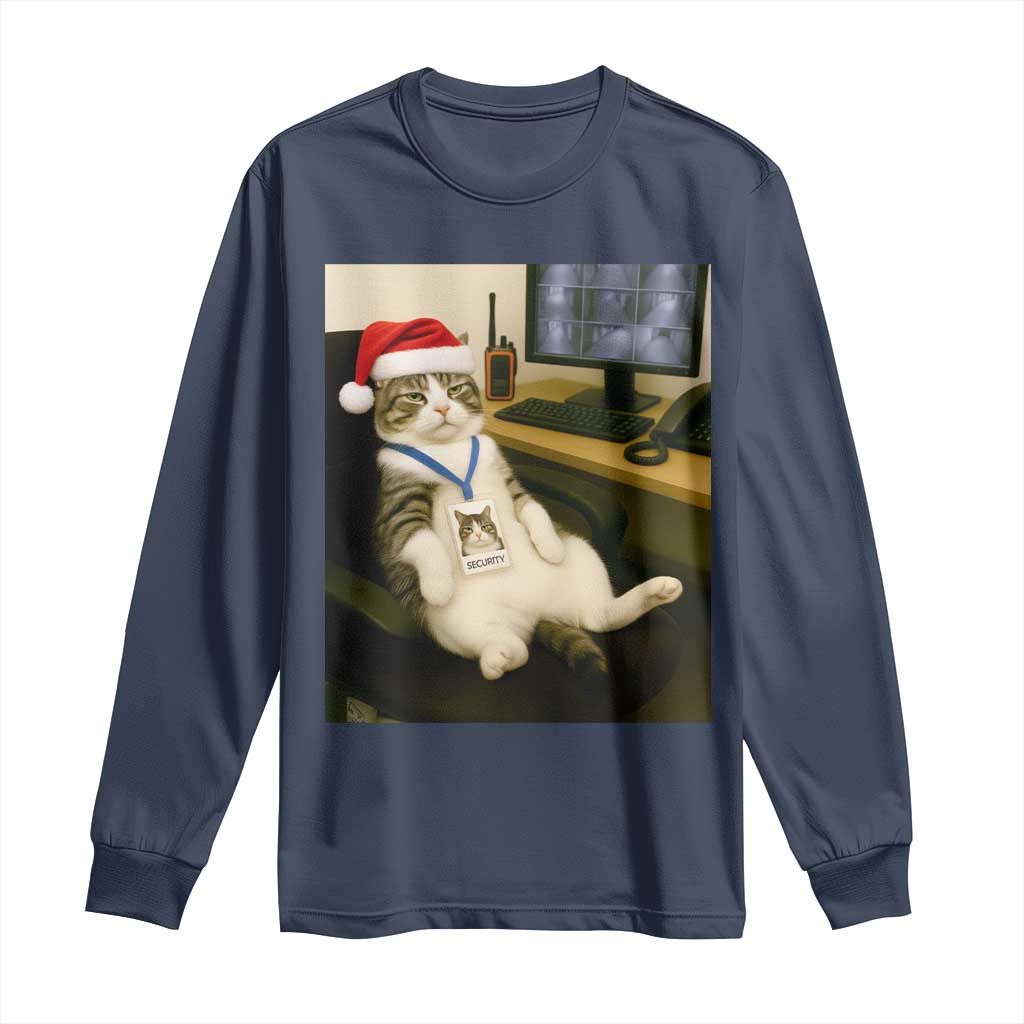 Funny Cat Christmas Long Sleeve Shirt Night Time Security Guard TS14 Navy Print Your Wear