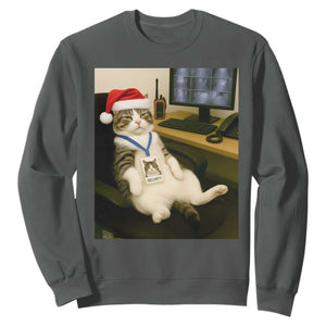Funny Cat Christmas Sweatshirt Night Time Security Guard TS14 Dark Heather Print Your Wear