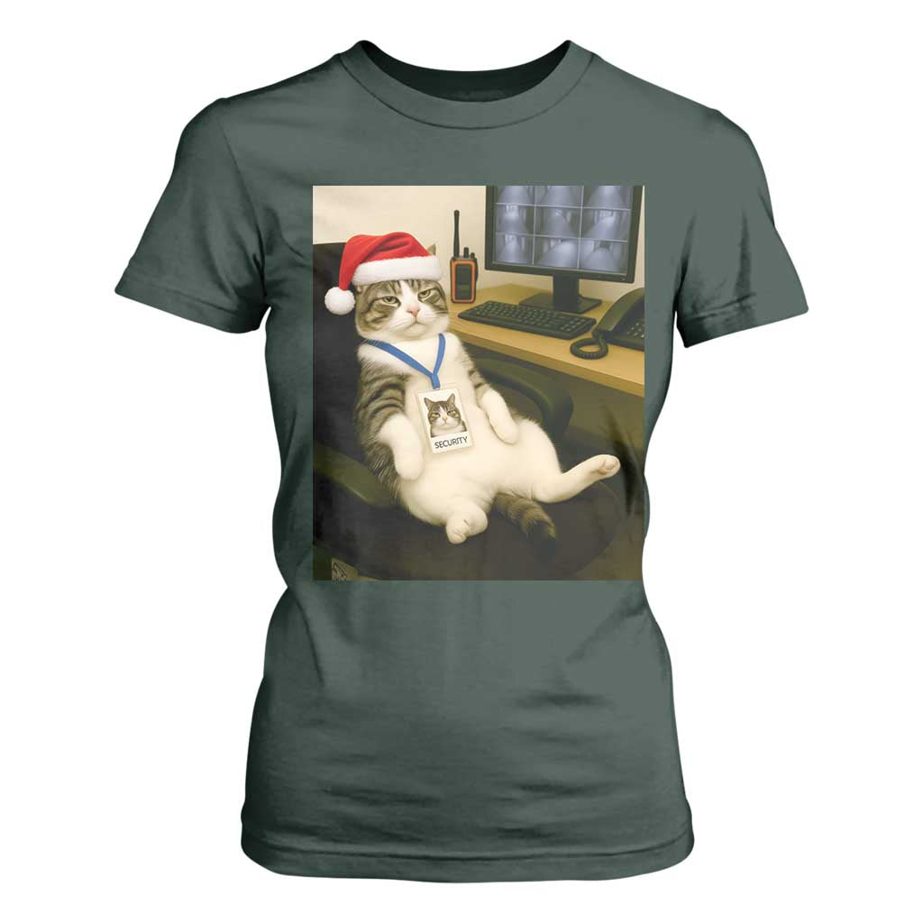 Funny Cat Christmas T Shirt For Women Night Time Security Guard TS14 Dark Forest Green Print Your Wear