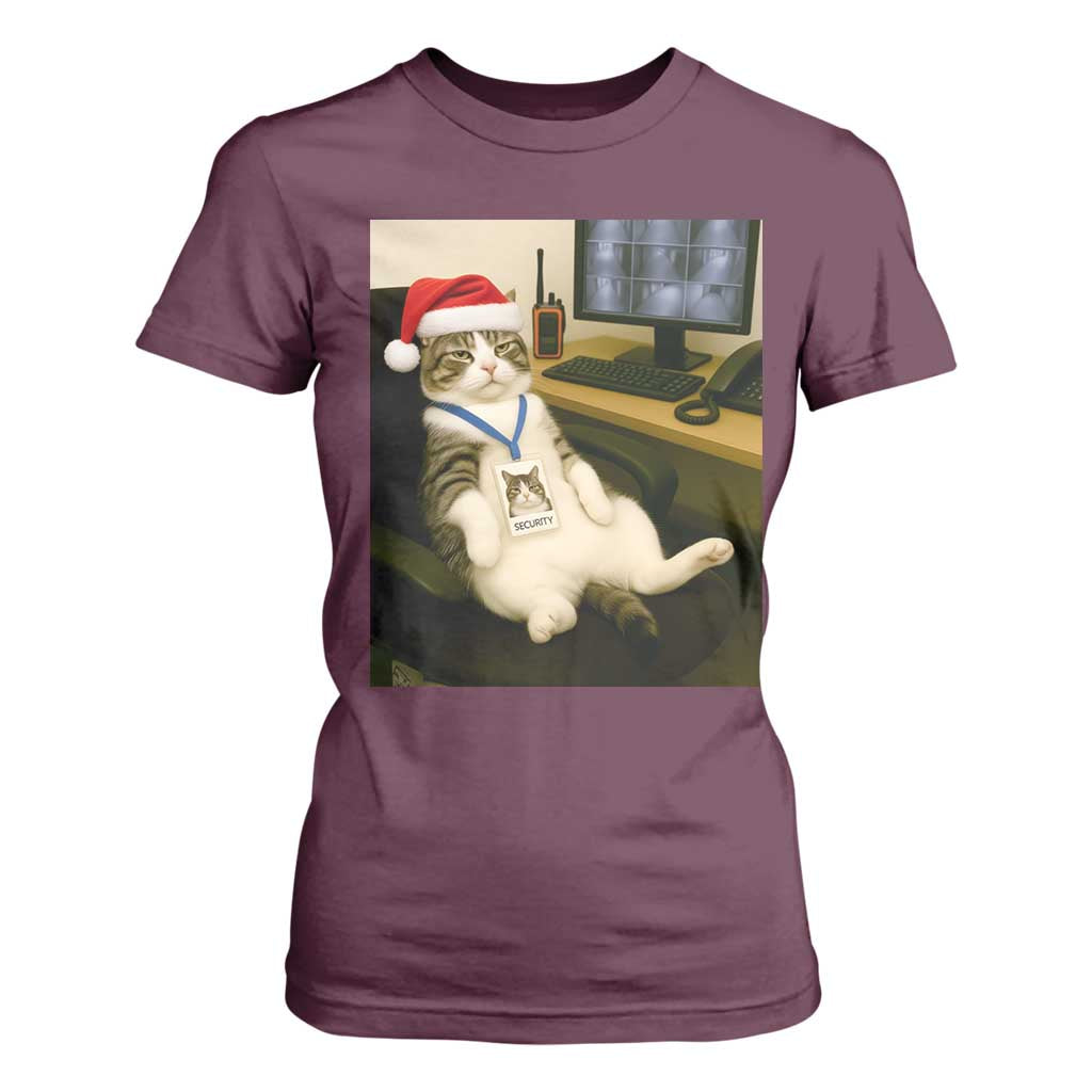 Funny Cat Christmas T Shirt For Women Night Time Security Guard TS14 Maroon Print Your Wear
