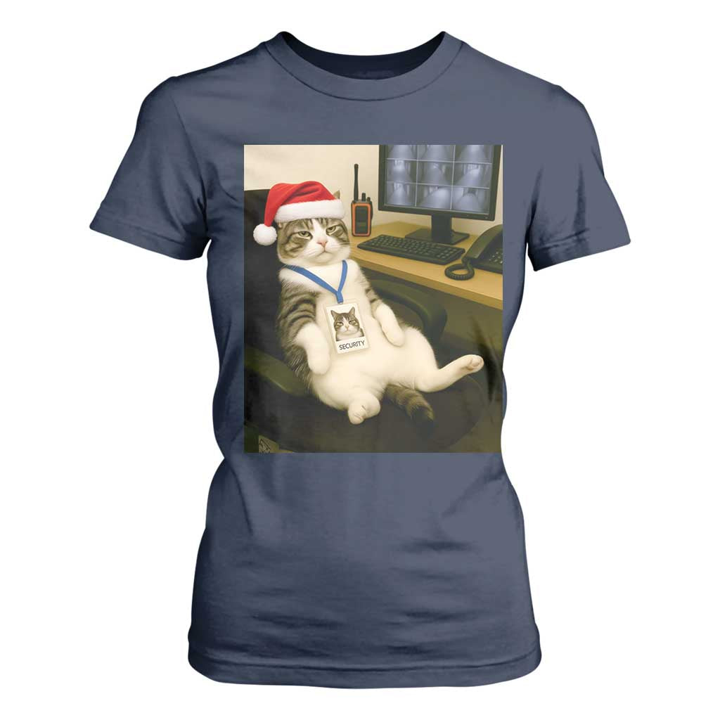 Funny Cat Christmas T Shirt For Women Night Time Security Guard TS14 Navy Print Your Wear