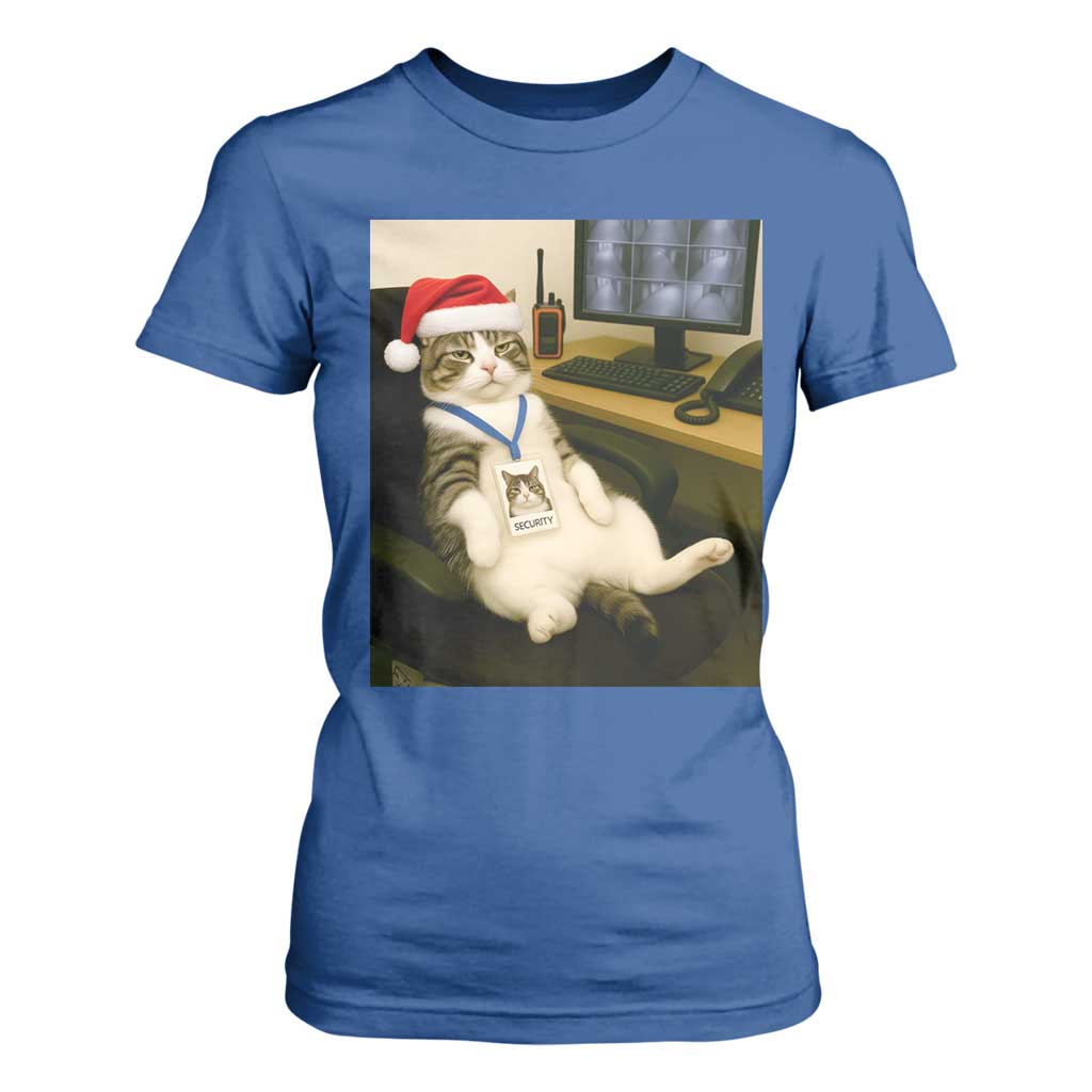 Funny Cat Christmas T Shirt For Women Night Time Security Guard TS14 Royal Blue Print Your Wear