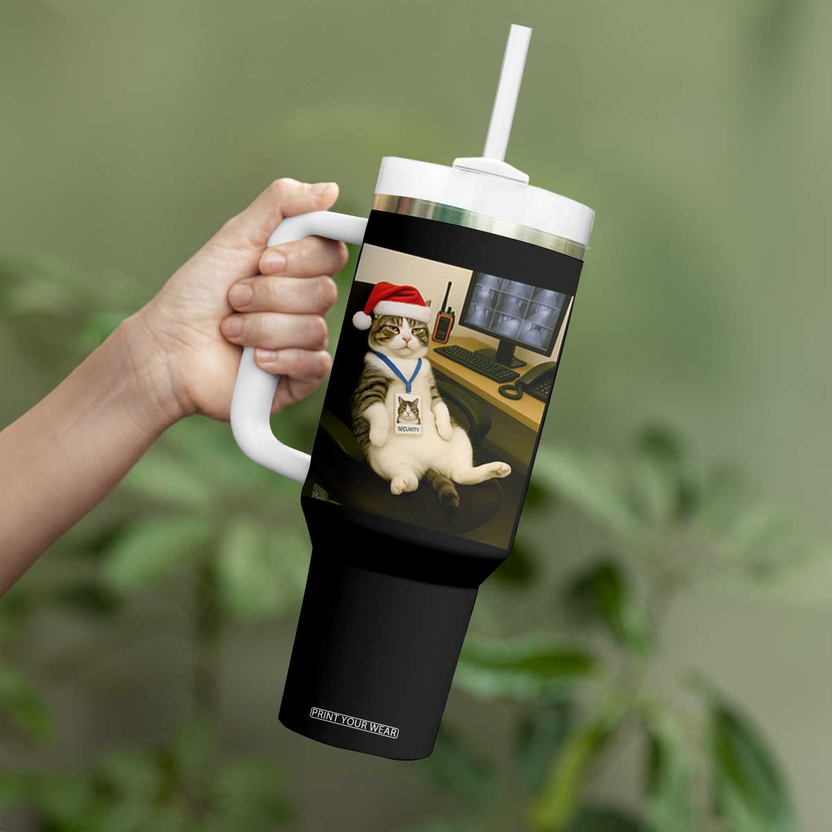 Funny Cat Christmas Tumbler With Handle Night Time Security Guard TS14 Print Your Wear