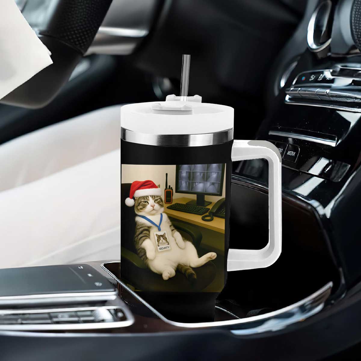 Funny Cat Christmas Tumbler With Handle Night Time Security Guard TS14 Print Your Wear