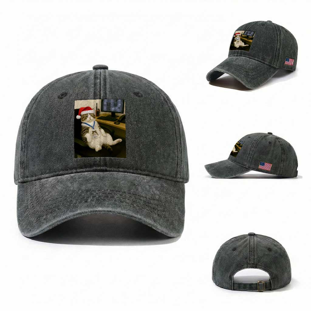 Funny Cat Christmas Washed Cotton Baseball Cap Night Time Security Guard TS14 Washed Cap Universal Fit Dark Green Print Your Wear