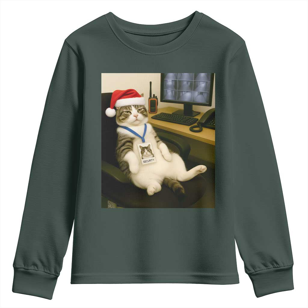 Funny Cat Christmas Youth Sweatshirt Night Time Security Guard TS14 Dark Forest Green Print Your Wear