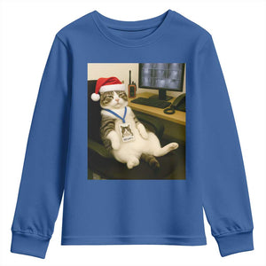 Funny Cat Christmas Youth Sweatshirt Night Time Security Guard TS14 Royal Blue Print Your Wear
