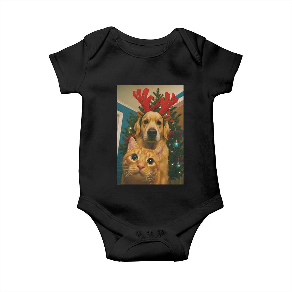Funny Cat With Dog Selfie Christmas Baby Onesie Pet Lover Xmas Gift TS14 Black Print Your Wear