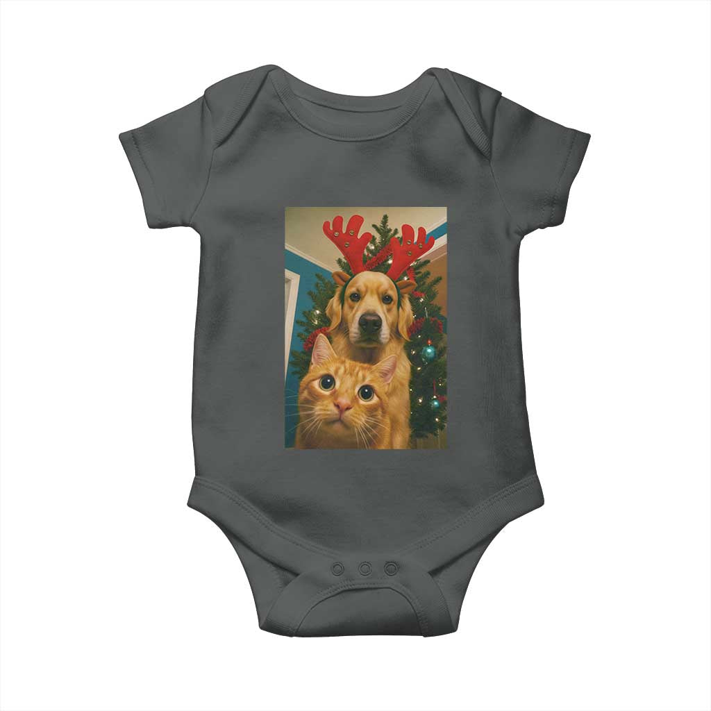 Funny Cat With Dog Selfie Christmas Baby Onesie Pet Lover Xmas Gift TS14 Dark Heather Print Your Wear
