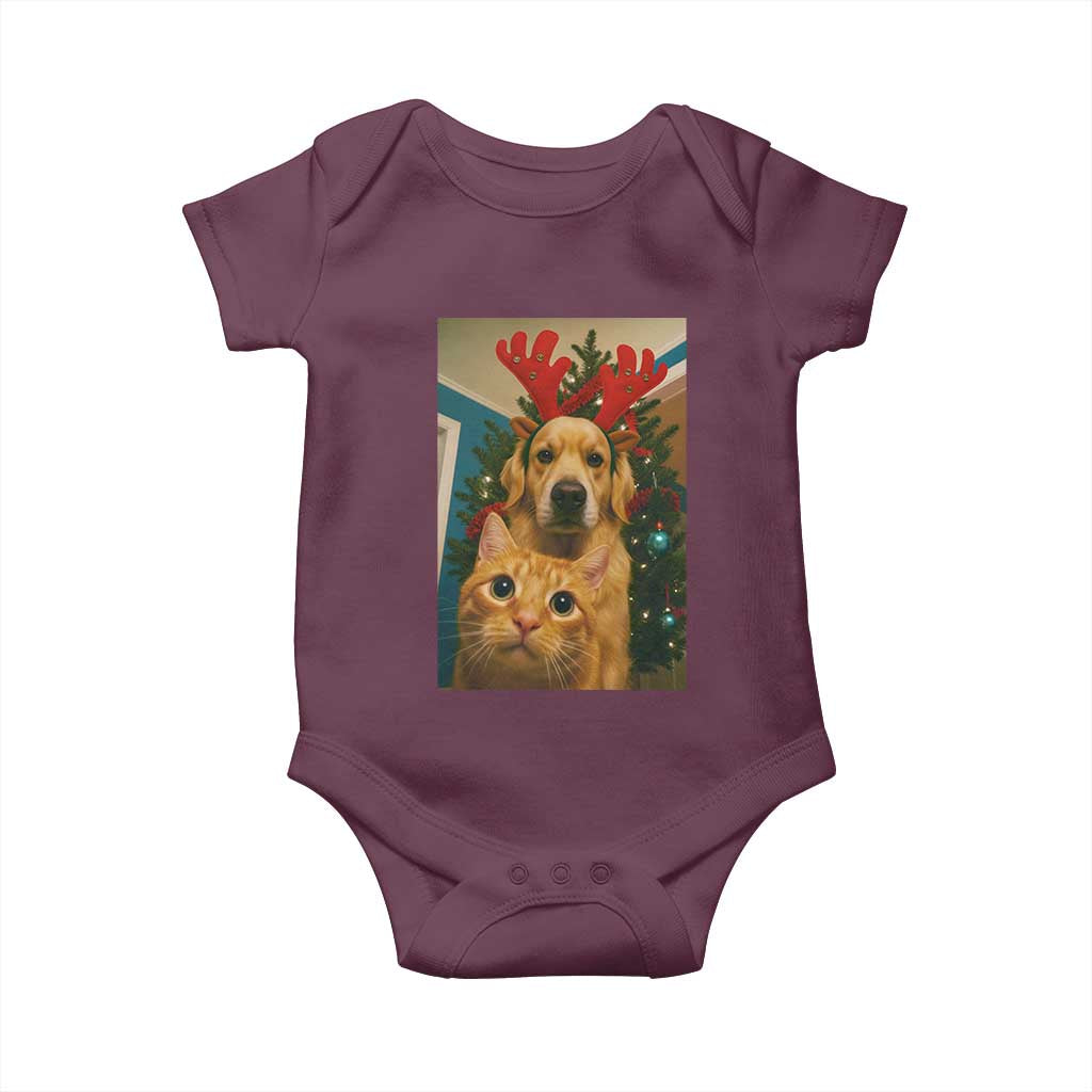 Funny Cat With Dog Selfie Christmas Baby Onesie Pet Lover Xmas Gift TS14 Maroon Print Your Wear