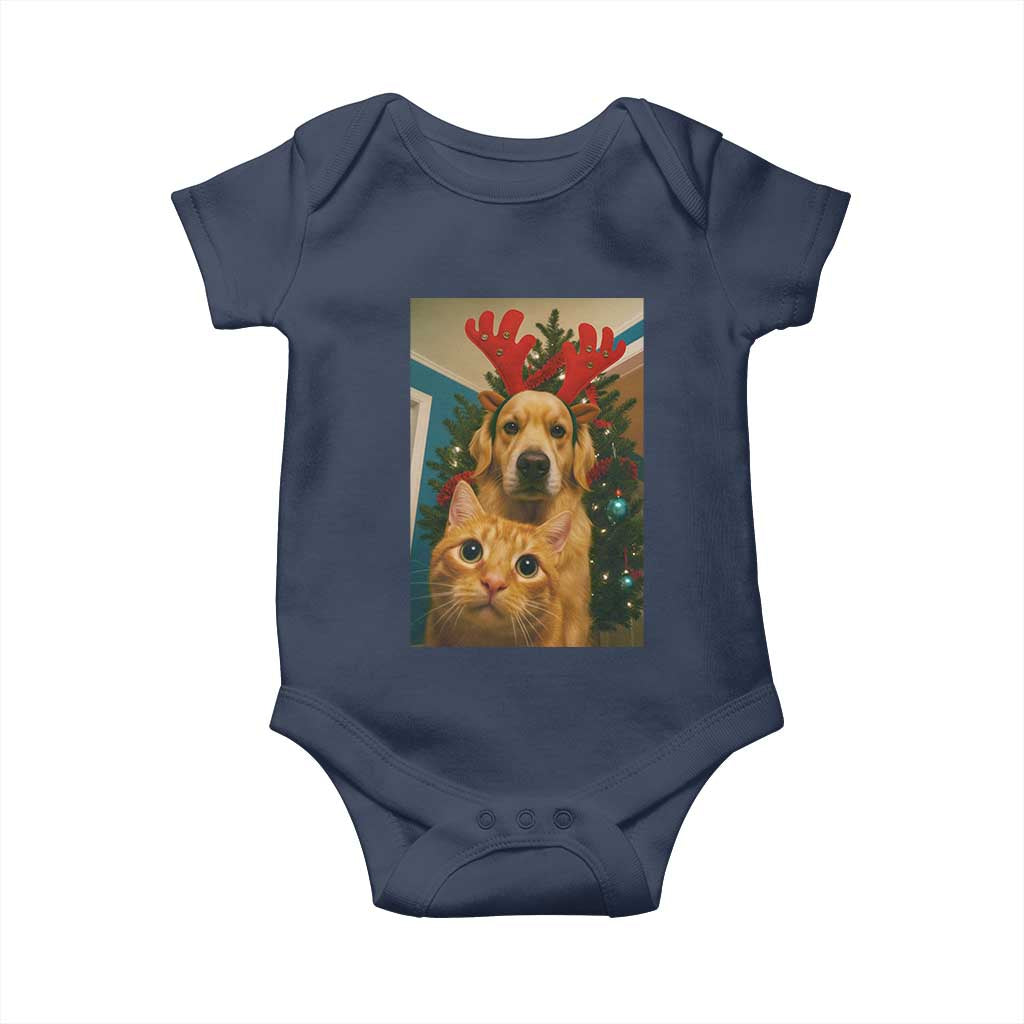 Funny Cat With Dog Selfie Christmas Baby Onesie Pet Lover Xmas Gift TS14 Navy Print Your Wear