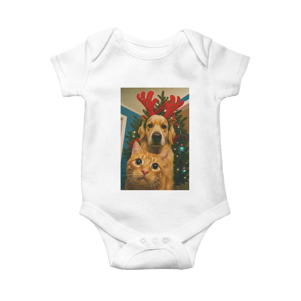 Funny Cat With Dog Selfie Christmas Baby Onesie Pet Lover Xmas Gift TS14 White Print Your Wear