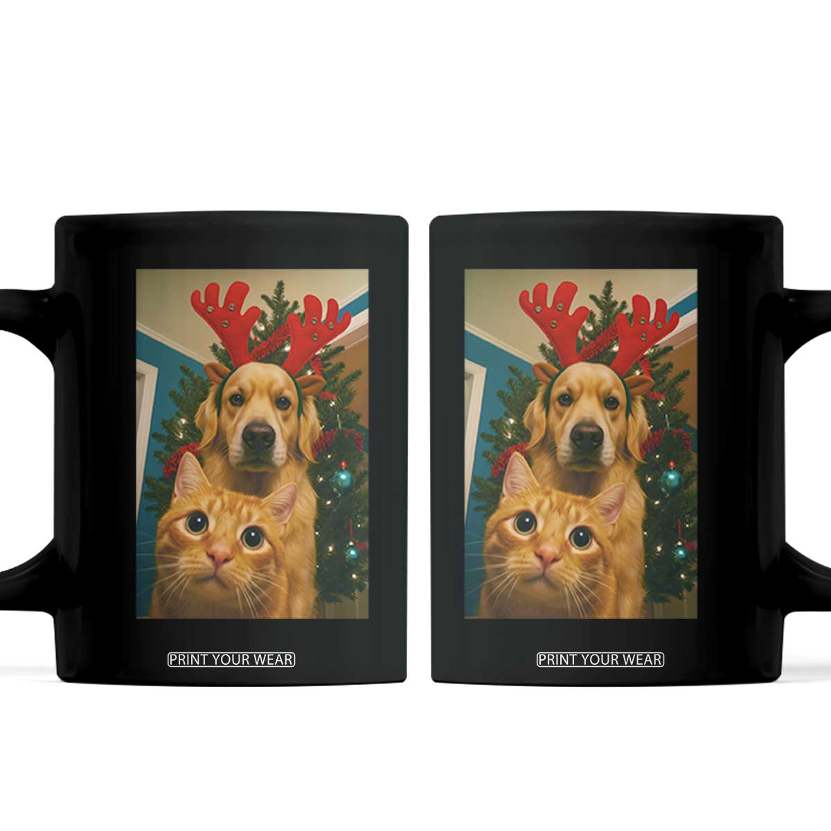 Funny Cat With Dog Selfie Christmas Coffee Mug Pet Lover Xmas Gift TS14 Black Print Your Wear